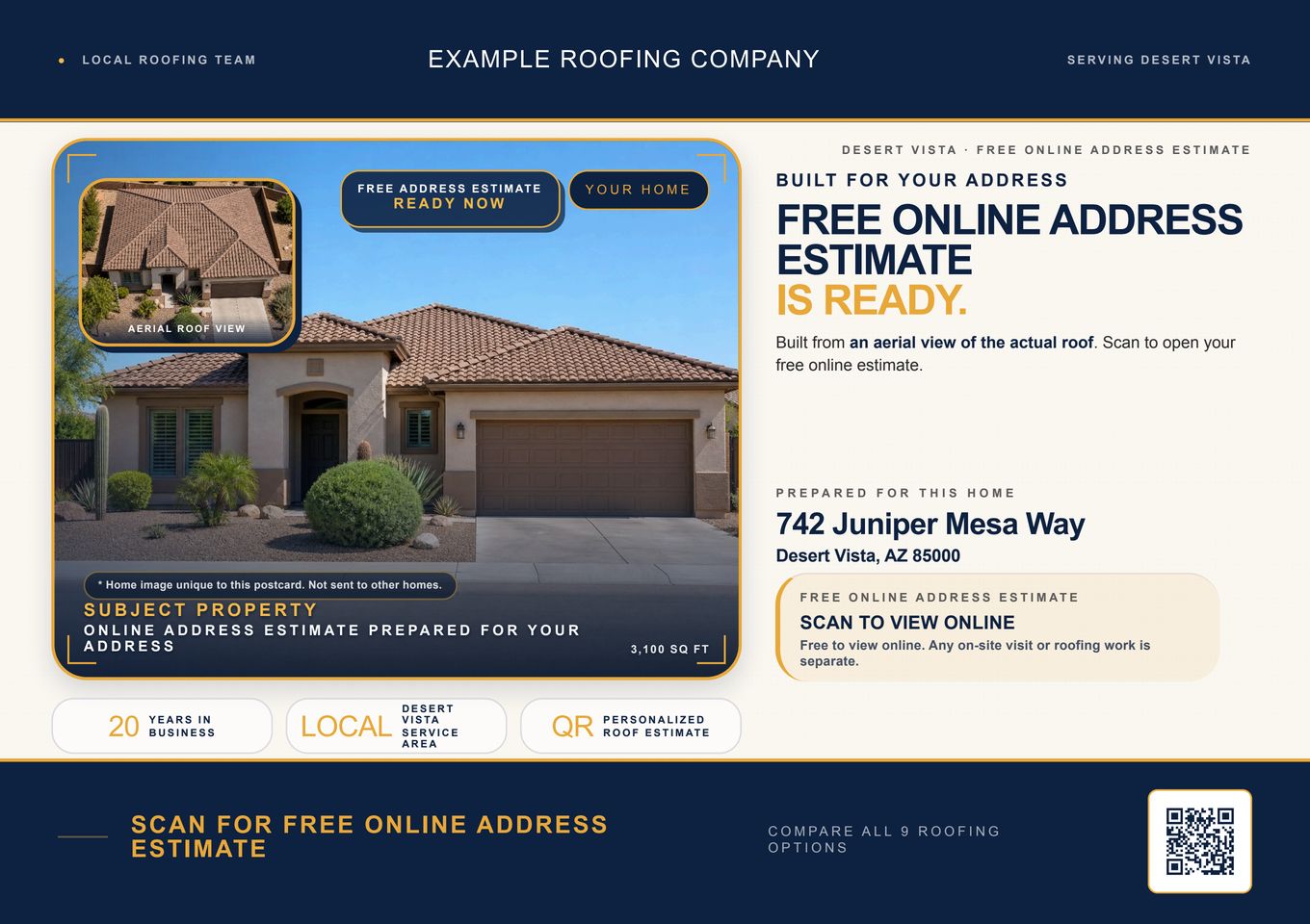 Front of a roof postcard: the homeowner's house, an aerial view of the roof, and a code for a free online estimate.