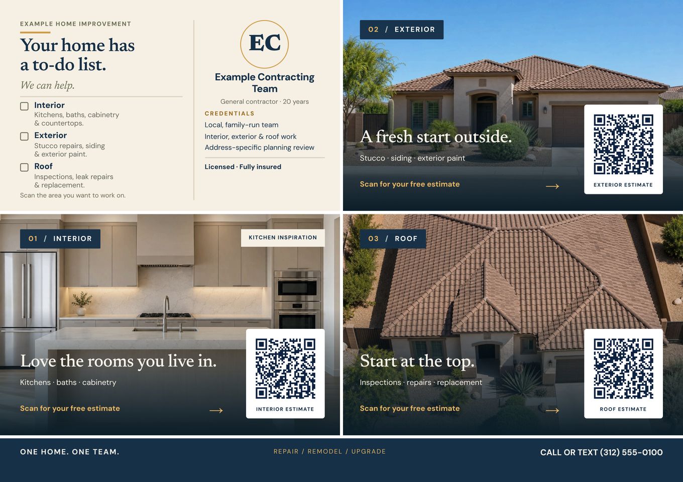 Front of the whole-home postcard: a to-do list beside interior, exterior, and roof photos, each with its own QR code.